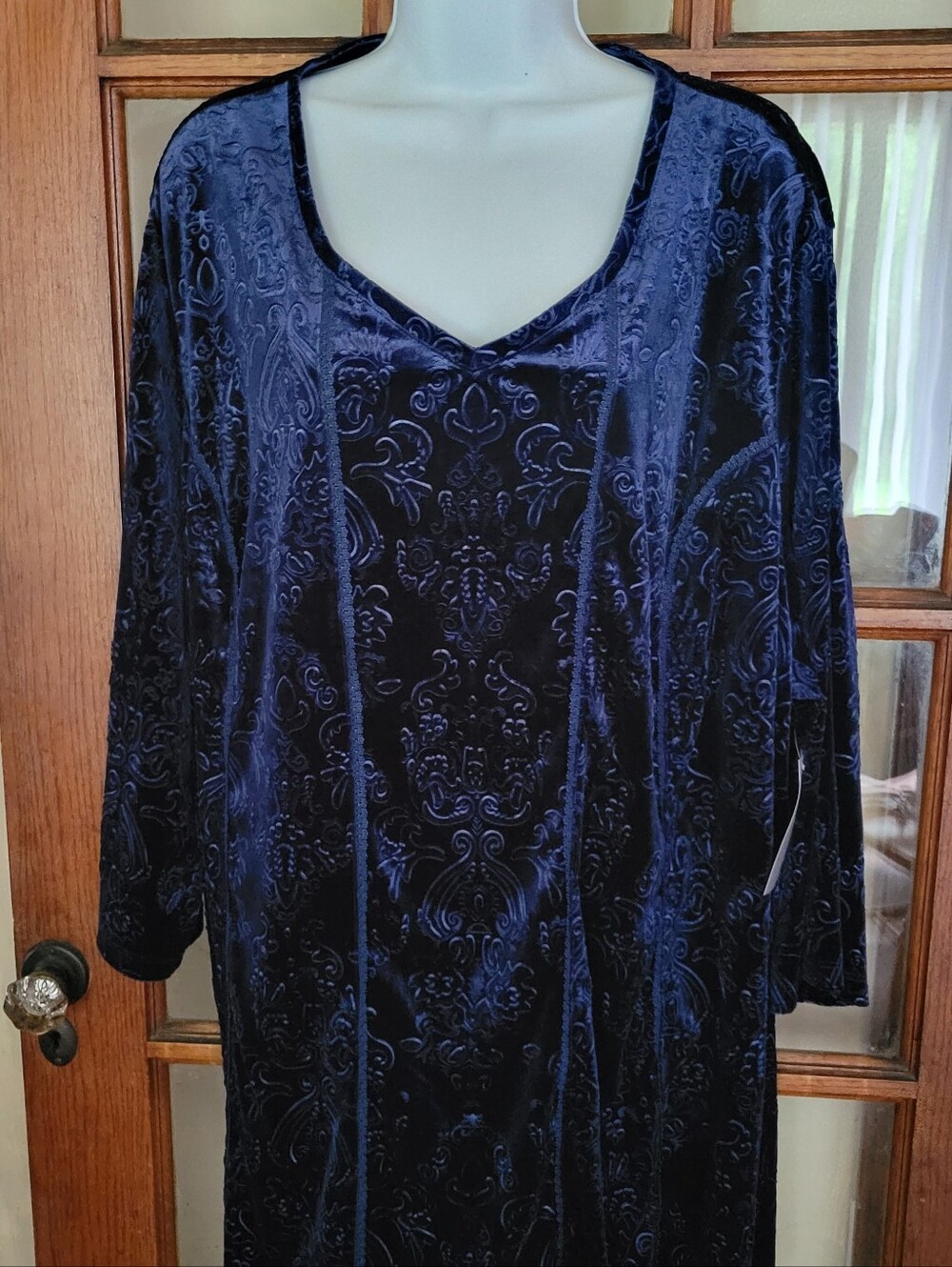 Women's Blue Velvet Burnout Tunic Top Damask Pattern 3/4 Sleeve Size 3X NWT